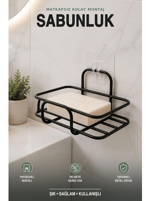Siyah Metal Yapışkanlı Sabunluk, Banyo Sabun Tutucu Mutfak Sünger ve Tel Tutucu MT133S