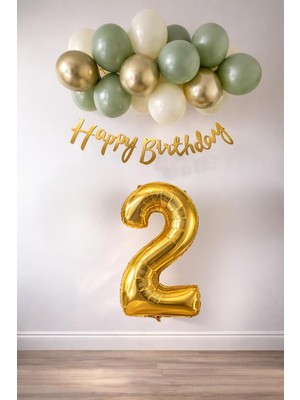 Happy Trend Gitti 2 Yaş Küf Yeşili, Deniz Kumu ve Krom Gold Balonlu Konsept Doğum Günü Seti