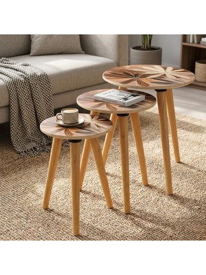 Happy Trend Zigon Sehpa Seti Ahşap Ayaklı Modern Desenli Yuvarlak, Şık Dekoratif Salon Sehpası Kahverengi Çiçek Desenli