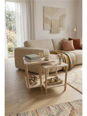 Happy Trend Traverten Zigon Sehpa Ikili Set Minimal Tasarım Yan Sehpa Dekoratif Ahşap (Traverten)