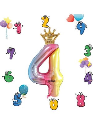 Happy Trend Gitti 4 Rakam Gökkuşağı Rakam Folyo 32"-34" Inc ve Kral Tacı Folyo 10 Inc