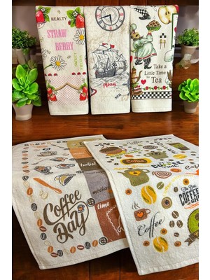 Happy Trend Pamuklu Baskılı Havlu Seti 30X50 cm El Yüz Mutfak Havlusu Yumuşak Desenli Su Emici Set (5 Li Set 6)