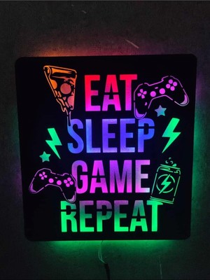 Happy Trend LED Işıklı Ahşap Tablo - Eat Sleep Game Repeat, Eatsleepşimşekraven