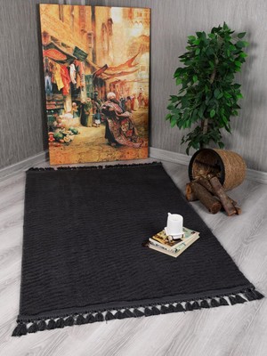 Evilla Modern Dekoratif Örgü Saçaklı Simirna Peluş Halı Yolluk Antrasit 40 x 60