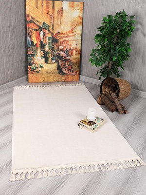 Happy Trend Evilla Modern Dekoratif Örgü Saçaklı Simirna Peluş Halı Yolluk Krem 100 x 150