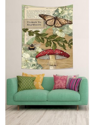 Happy Trend Vintage Kelebek Mantar Leke Tutmaz Kumaş Duvar Örtüsü Duvar Halısı Tapestry, 70 x 100