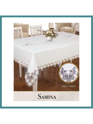 Bezos Gardenya Keten Samina Model 155X260 cm Krem Masa Örtüsü Tablecloth Modern Tasarım Mac