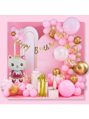 Happy Trend Kedi Gold 1 Yaş Folyo Balonlu Pembe Gold Konsept Doğum Günü Parti Seti