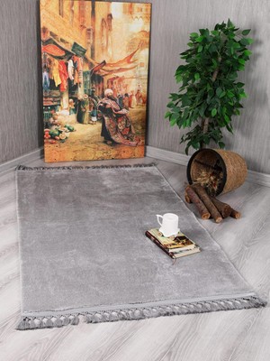 Happy Trend Evilla Modern Dekoratif Örgü Saçaklı Simirna Peluş Halı Yolluk Açık Gri 150 x 200