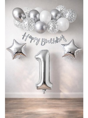 Happy Trend Konsept Dogum Gunu Kutlama Seti Beyaz Gumus Konfetili Balon Rakam Yıldız Folyo ve Banner (1 Yaş)