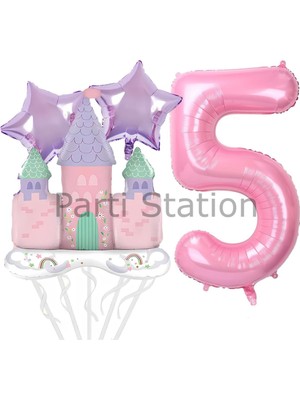 Şato Temalı 5 Yaş Pembe Rakam Balon Seti Doğum Günü Dekorasyonu