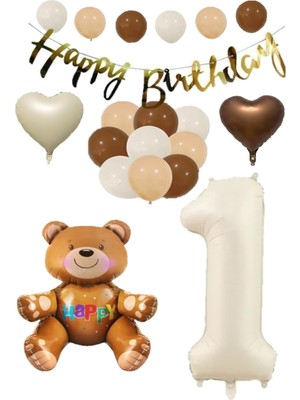 Happy Trend Bırthday Banner Oturan Ayı, Bej Rakam, Kalp Folyo ve Latex Balon Seti Yaş 1