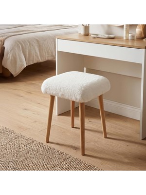 Bej Peluş Tabure 38 x 38 x 48 Cm, Teddy Kumaş Makyaj Masası Taburesi, Antre Salon ve Yatak Odası Için