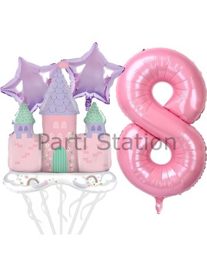 Şato Temalı 8 Yaş Pembe Rakam Balon Seti Doğum Günü Dekorasyonu