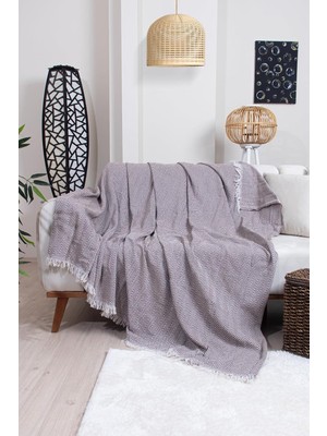 Pamuklu Zikzak Desenli Püsküllü Koltuk Örtüsü, 170X210 Cm, Geometrik Desen, Minimalist Stil, Yıkanabilir (Kahverengi)