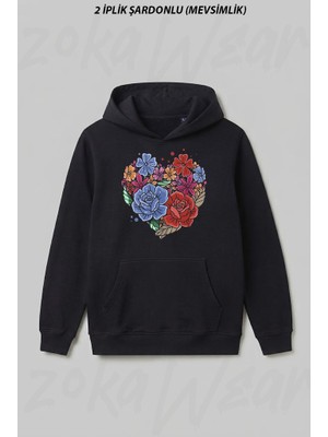 Zoka Wear Cicek Gul Kalp Tasarim Ön Baskılı Kapüşonlu Sweatshirt