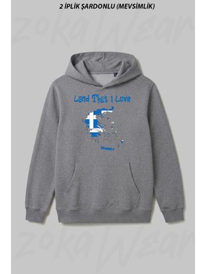 Zoka Wear Land That I Love Yunanistan Cep Ön Baskılı Kapüşonlu Sweatshirt