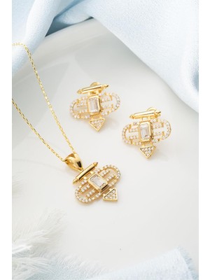 Tr 925 Ayar Gümüş Şeyma Kolye Küpe Seti, Kadın, Gold