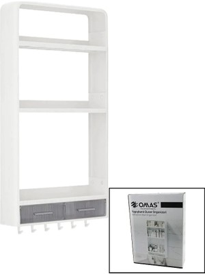 Psk Beyaz Yapışkanlı Duvar Organizeri Plastik 3 RAF=14CM-19CM-30CM - 2 ÇEKMECE=40CM - 6 Askı 19 Parça
