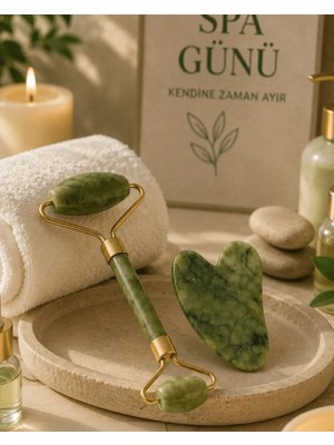 Psk Jade Stone Yüz Bakım Seti Gua Sha ve Roller Masaj Taşı