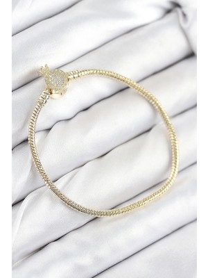 Rs Pirinç Charm Zirkon Taşlı Taç Model Gold Renk Kadın Bileklik TCXBB7808