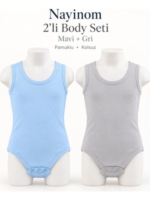 Nayinom Mavi Gri 2’li Pamuklu Kolsuz Erkek Çocuk Body Seti 4 Yaş