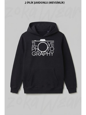 Zoka Wear Fotografciligi Seviyorum Fotografci Canon Nikon Ön Baskılı Kapüşonlu Sweatshirt