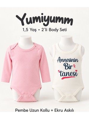 Yumiyumm Pembe Uzun Kollu ve Ekru Yazılı Askılı 2’li Pamuklu Kız Bebek Body Seti 1,5 Yaş