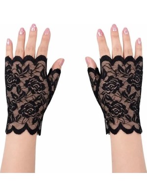 İlkyaz Fashion Şık Siyah Dantel Parmaksız Kısa Eldiven Seti