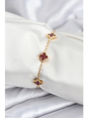İlkyaz Fashion If 316L Çelik Gold Renk Bordo Baby Boy Yonca Kadın Bileklik - TCXBB7950
