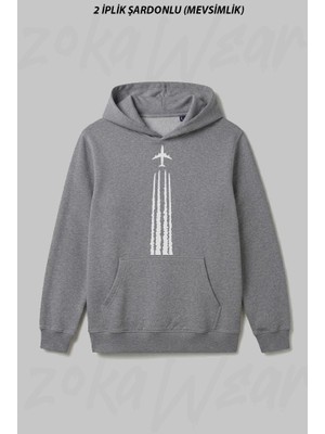 Zoka Wear Contrail Pilot Airplane Ucak Ön Baskılı Kapüşonlu Sweatshirt