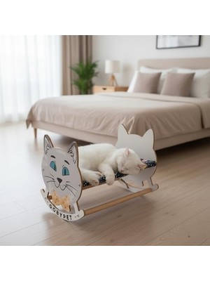 Myg Plus Gobypet Ahşap Sallanan Kedi Beşiği – Sevimli Kedi Figürlü, Minderli, Dekoratif Dinlenme Yatağı (Lacivert)