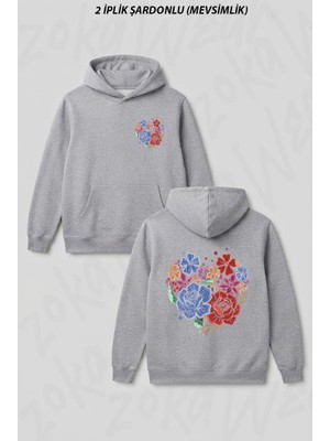 Zoka Wear Cicek Gul Kalp Tasarim Ön Arka Baskılı Kapüşonlu Sweatshirt