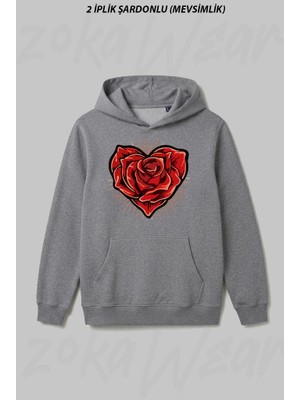 Zoka Wear Kalp ve Gul Tasarim Ön Baskılı Kapüşonlu Sweatshirt