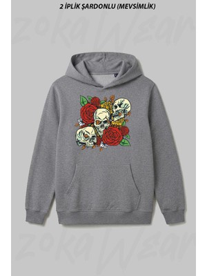 Zoka Wear Kafatasi Gul Bitki Ön Baskılı Kapüşonlu Sweatshirt