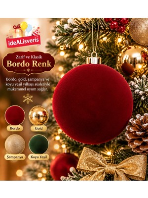 Bkmc Lüks Kadife Görünümlü Bordo Flok Yılbaşı Ağacı Süsü Top 20 cm Büyük Boy Dekoratif Noel Süsü Yılbaşı Ağaç Süsü