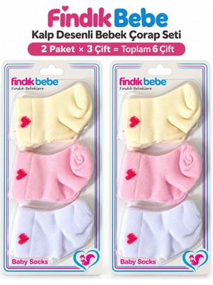 Fındık Bebe Kalp Desenli 6 Çift Bebek Çorap Seti 2 Paket 0-6 Ay