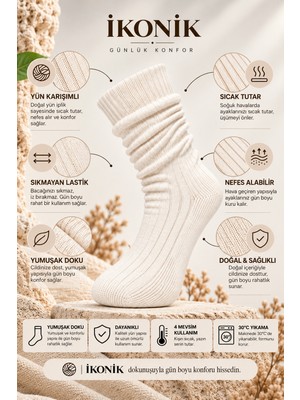 İkonik Socks Kadın Yün Diz Altı Bot Çorabı Krem Renk