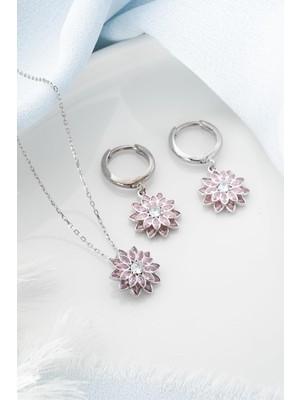 Xml Bayiciniz Tr 925 Ayar Gümüş Pembe Taşlı Kolye Küpe Set, Kadın