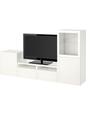 IKEA Beyaz Tv Ünitesi 240X40X128 Cm, 3 Kapaklı (1 Cam), 2 Çekmeceli, Raflı