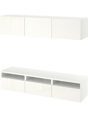 IKEA Beyaz-Parlak Beyaz Tv Ünitesi 180X42X185 Cm, 3 Kapaklı, 3 Çekmeceli, Raflı