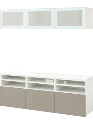 IKEA Beyaz-Buzlu Cam Tv Ünitesi 180X42X192 Cm, 5 Kapaklı (3 Cam), 1 Çekmeceli, Raflı