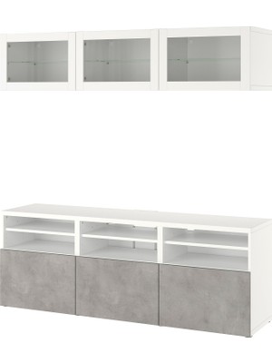 IKEA Beyaz-Açık Gri Tv Ünitesi 180X42X192 Cm, 5 Kapaklı (3 Cam), 1 Çekmeceli, Raflı