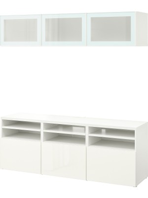 IKEA Beyaz-Buzlu Cam Tv Ünitesi 180X42X192 Cm, 5 Kapaklı (3 Cam), 1 Çekmeceli, Raflı