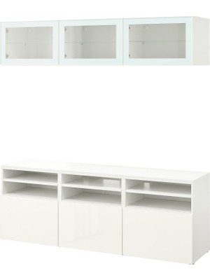IKEA Beyaz Tv Ünitesi 180X42X192 Cm, 5 Kapaklı, 1 Çekmeceli, Raflı