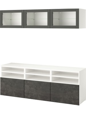 IKEA Beyaz-Koyu Gri Taş Desen Tv Ünitesi 180X42X192 Cm, 5 Kapaklı (3 Cam), 1 Çekmeceli, Raflı