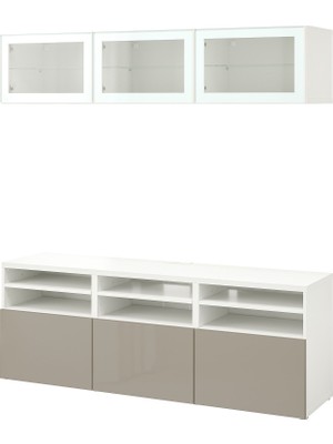 IKEA Beyaz Tv Ünitesi 180X42X192 Cm, 5 Kapaklı, 1 Çekmeceli, Raflı