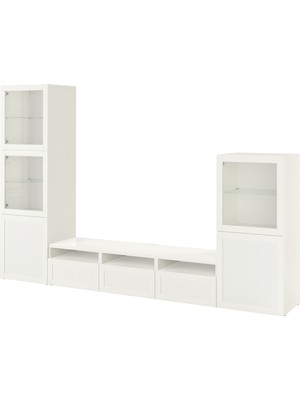 IKEA Beyaz Tv Ünitesi 300X42X193 Cm, 5 Kapaklı (3 Cam), 3 Çekmeceli, Raflı