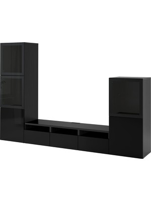 IKEA Venge-Füme Cam Tv Ünitesi 300X42X193 Cm, 5 Kapaklı (3 Cam), 3 Çekmeceli, Raflı