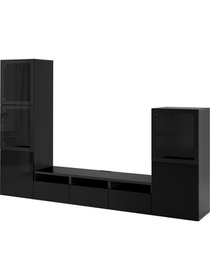 IKEA Venge-Siyah Cam Tv Ünitesi 300X42X193 Cm, 5 Kapaklı (3 Cam), 3 Çekmeceli, Raflı
